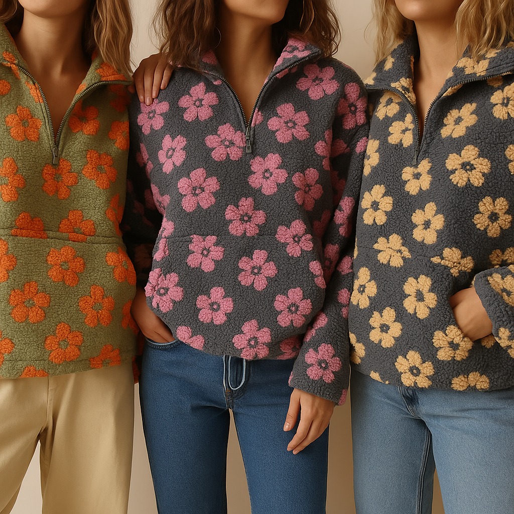 Sofia | Fuzzy Floral Quarter Zip Fleece Pullover