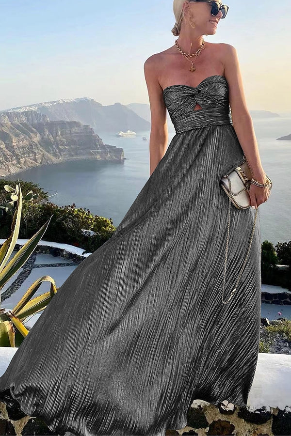 Celeste - Women’s Strapless A-Line Evening Gown with Pleated Metallic Finish - Brighter Fashion