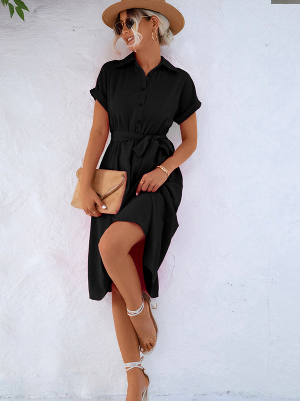 Dakota - Button-Up Shirt Dress with Waist Tie and Collared Neckline - Brighter Fashion