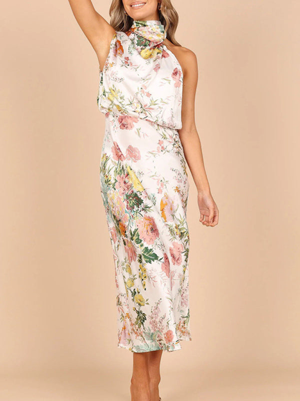Pauline - Halter Neck Midi Dress with Floral Print - Brighter Fashion