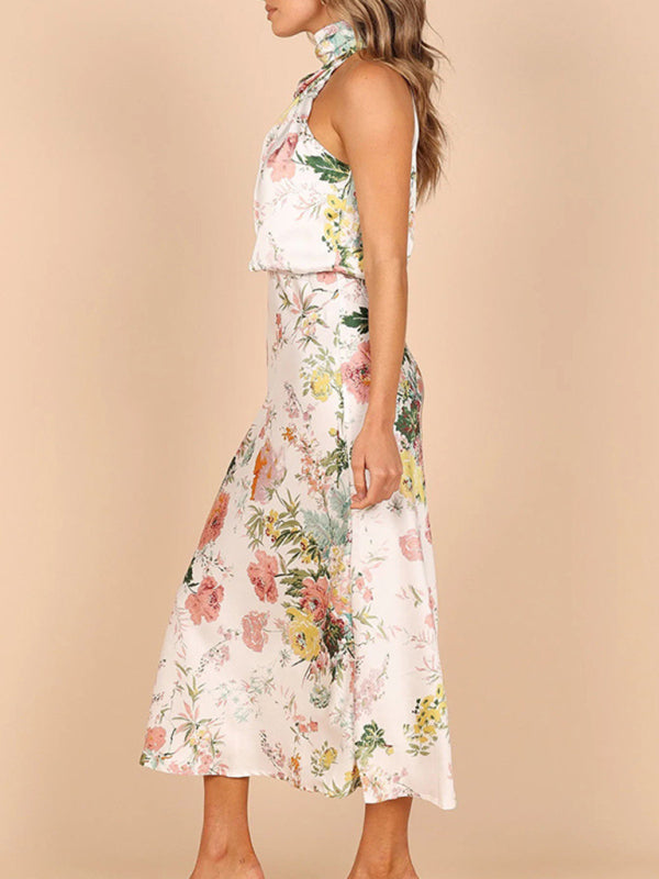 Pauline - Halter Neck Midi Dress with Floral Print - Brighter Fashion