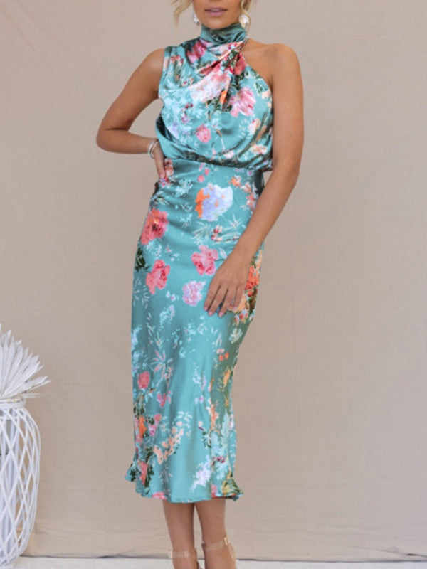 Pauline - Halter Neck Midi Dress with Floral Print - Brighter Fashion