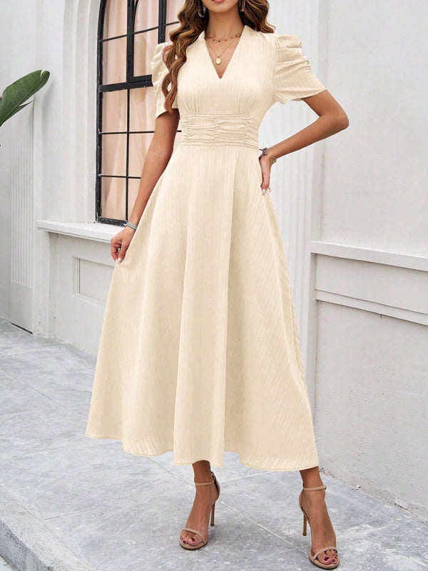 Cecily - V-Neck Midi Dress with Puff Sleeves and Ruched Waist - Brighter Fashion
