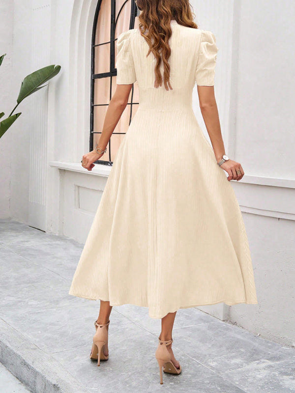 Cecily - V-Neck Midi Dress with Puff Sleeves and Ruched Waist - Brighter Fashion
