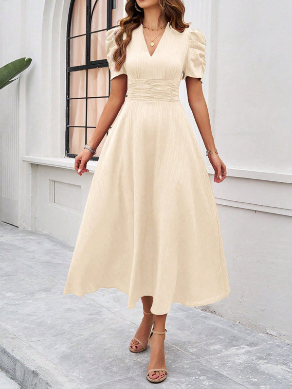 Cecily - V-Neck Midi Dress with Puff Sleeves and Ruched Waist - Brighter Fashion