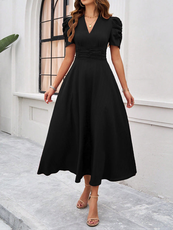 Cecily - V-Neck Midi Dress with Puff Sleeves and Ruched Waist - Brighter Fashion