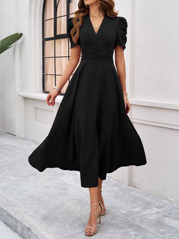 Cecily - V-Neck Midi Dress with Puff Sleeves and Ruched Waist - Brighter Fashion