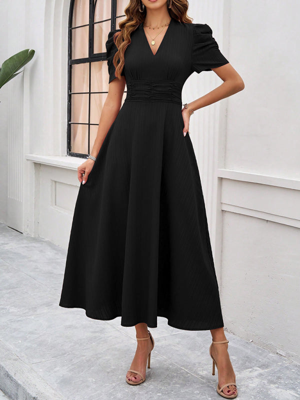 Cecily - V-Neck Midi Dress with Puff Sleeves and Ruched Waist - Brighter Fashion