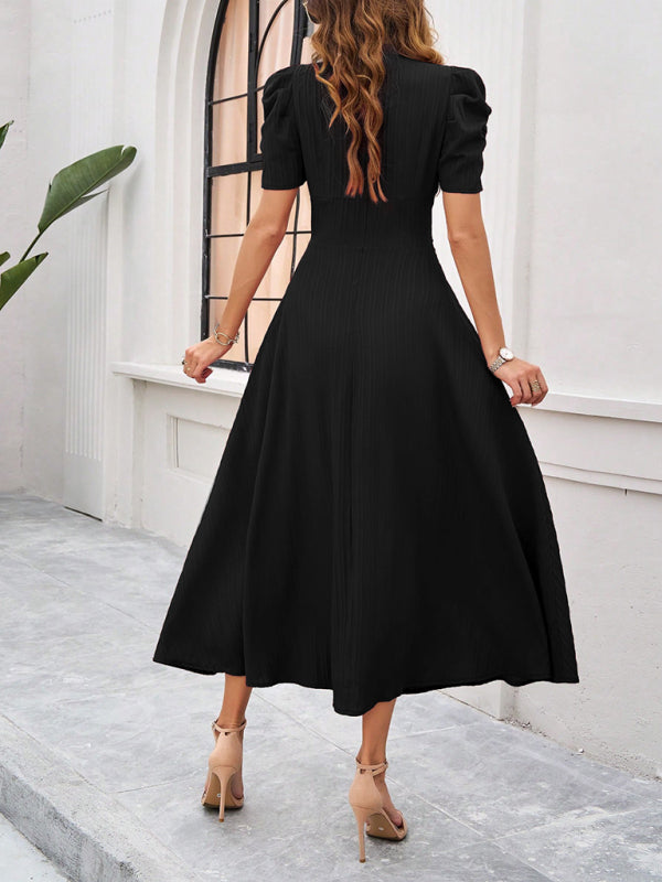 Cecily - V-Neck Midi Dress with Puff Sleeves and Ruched Waist - Brighter Fashion