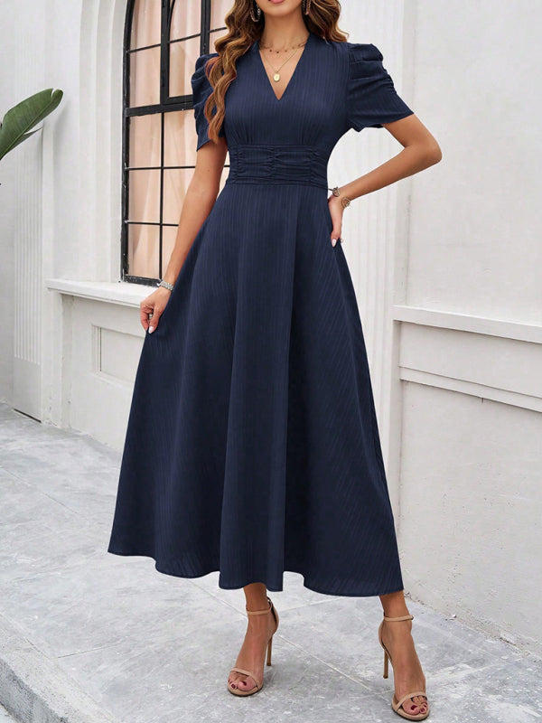 Cecily - V-Neck Midi Dress with Puff Sleeves and Ruched Waist - Brighter Fashion