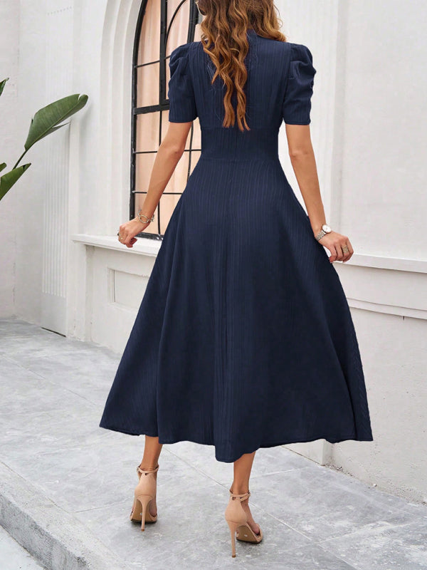 Cecily - V-Neck Midi Dress with Puff Sleeves and Ruched Waist - Brighter Fashion