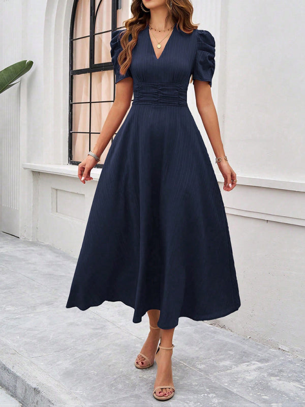 Cecily - V-Neck Midi Dress with Puff Sleeves and Ruched Waist - Brighter Fashion