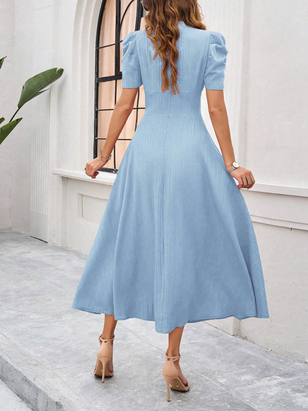 Cecily - V-Neck Midi Dress with Puff Sleeves and Ruched Waist - Brighter Fashion