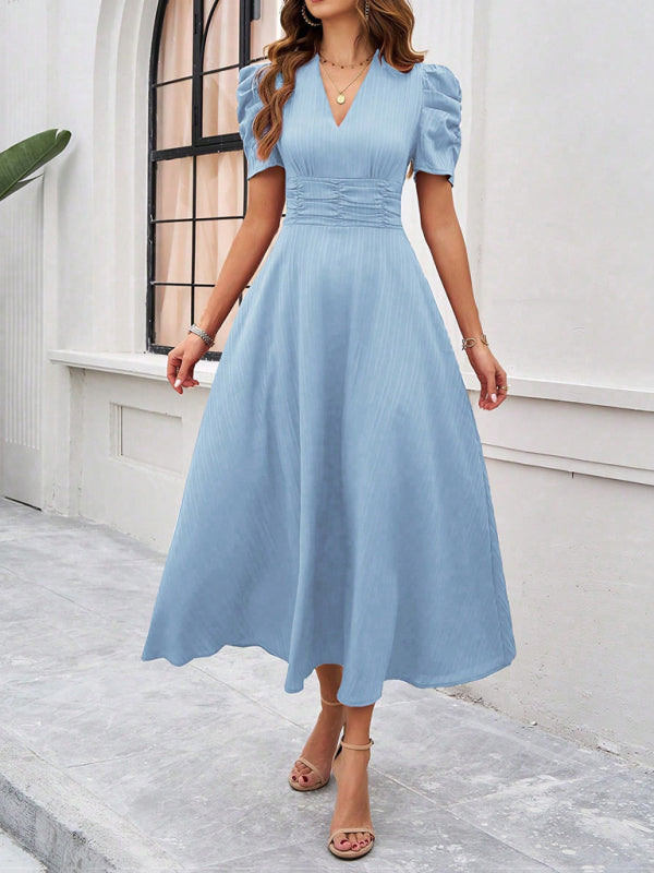 Cecily - V-Neck Midi Dress with Puff Sleeves and Ruched Waist - Brighter Fashion