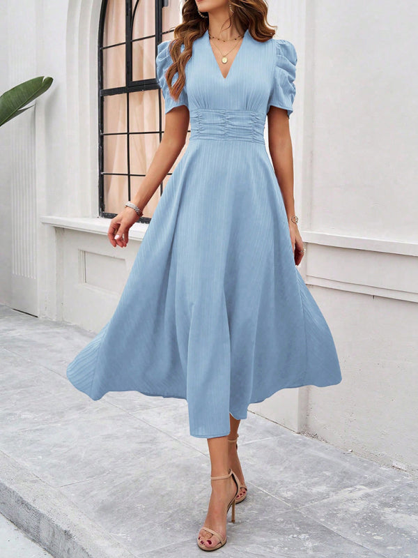 Cecily - V-Neck Midi Dress with Puff Sleeves and Ruched Waist - Brighter Fashion