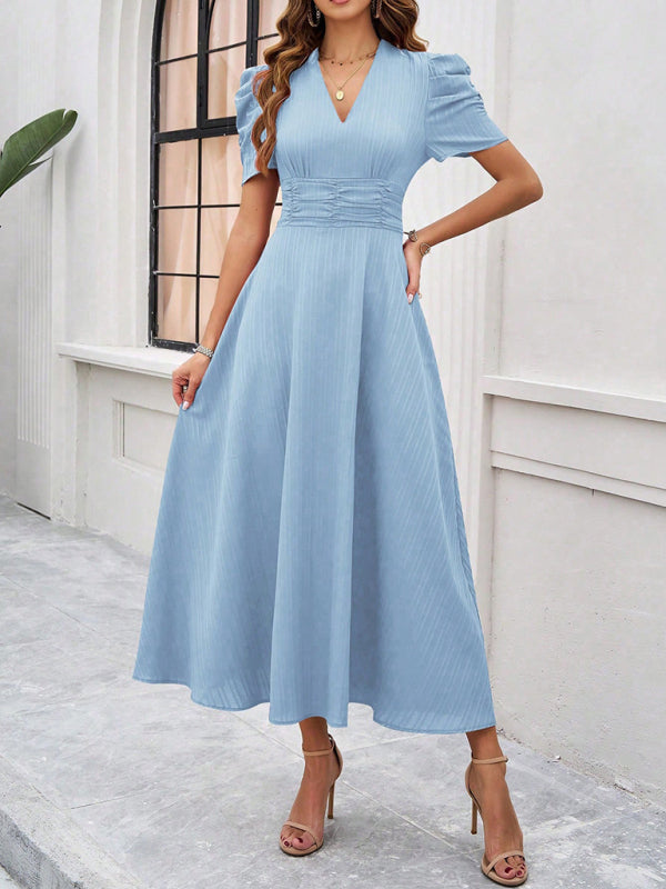 Cecily - V-Neck Midi Dress with Puff Sleeves and Ruched Waist - Brighter Fashion