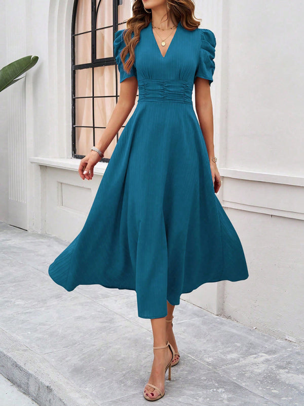 Cecily - V-Neck Midi Dress with Puff Sleeves and Ruched Waist - Brighter Fashion