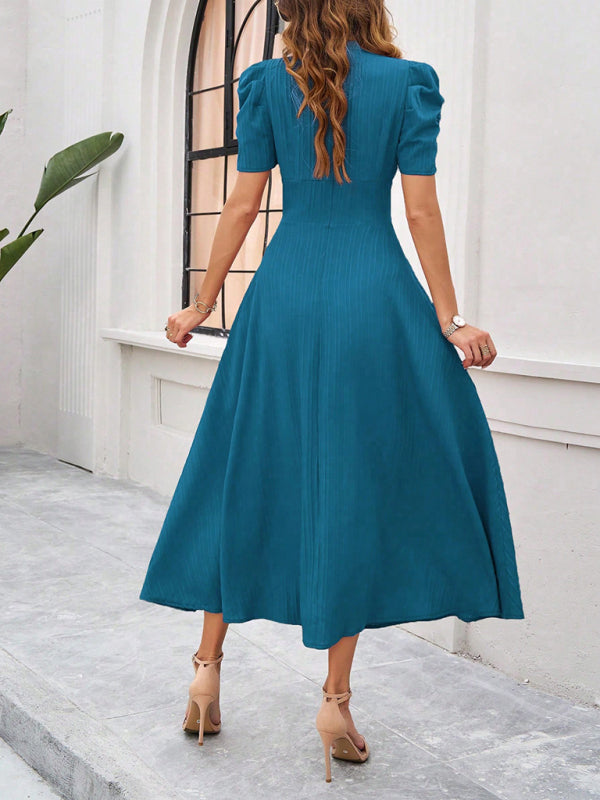Cecily - V-Neck Midi Dress with Puff Sleeves and Ruched Waist - Brighter Fashion
