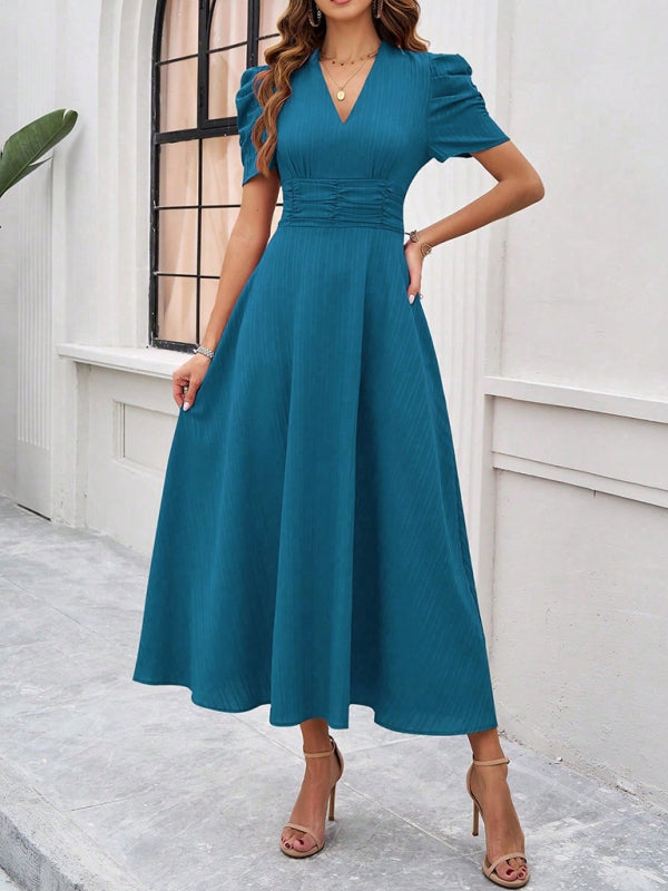 Cecily - V-Neck Midi Dress with Puff Sleeves and Ruched Waist - Brighter Fashion
