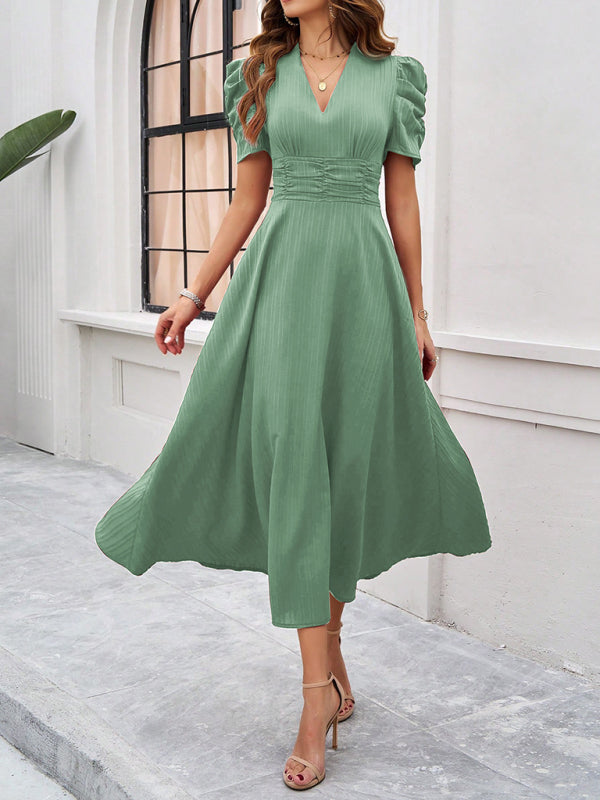 Cecily - V-Neck Midi Dress with Puff Sleeves and Ruched Waist - Brighter Fashion
