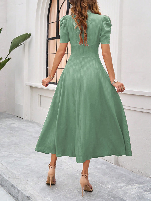 Cecily - V-Neck Midi Dress with Puff Sleeves and Ruched Waist - Brighter Fashion
