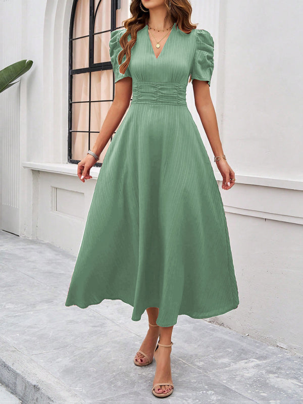 Cecily - V-Neck Midi Dress with Puff Sleeves and Ruched Waist - Brighter Fashion