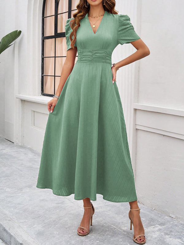 Cecily - V-Neck Midi Dress with Puff Sleeves and Ruched Waist - Brighter Fashion