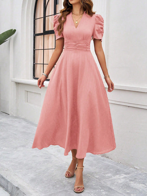 Cecily - V-Neck Midi Dress with Puff Sleeves and Ruched Waist - Brighter Fashion
