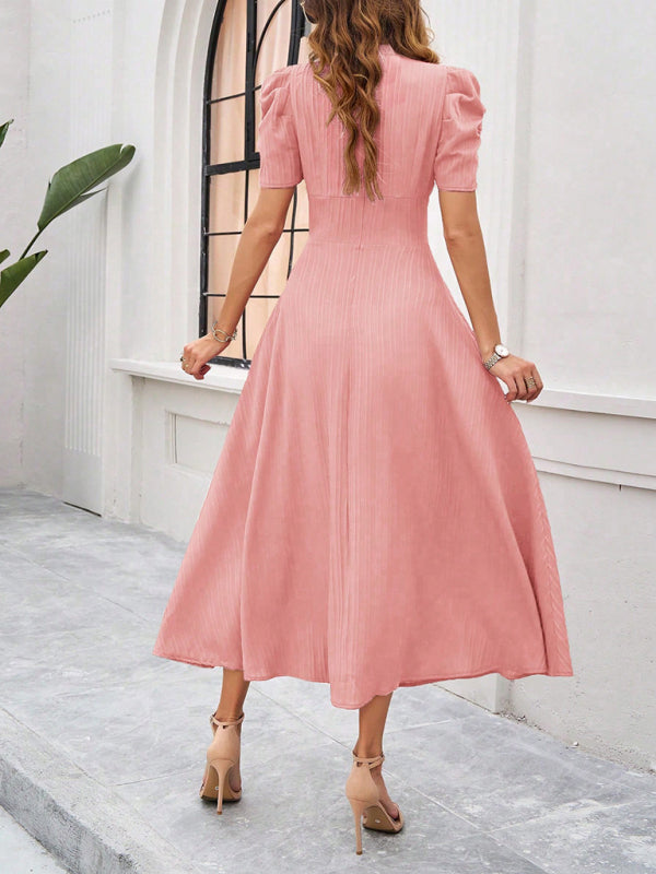 Cecily - V-Neck Midi Dress with Puff Sleeves and Ruched Waist - Brighter Fashion