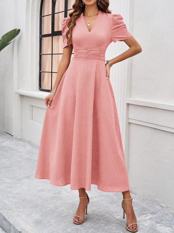 Cecily - V-Neck Midi Dress with Puff Sleeves and Ruched Waist - Brighter Fashion