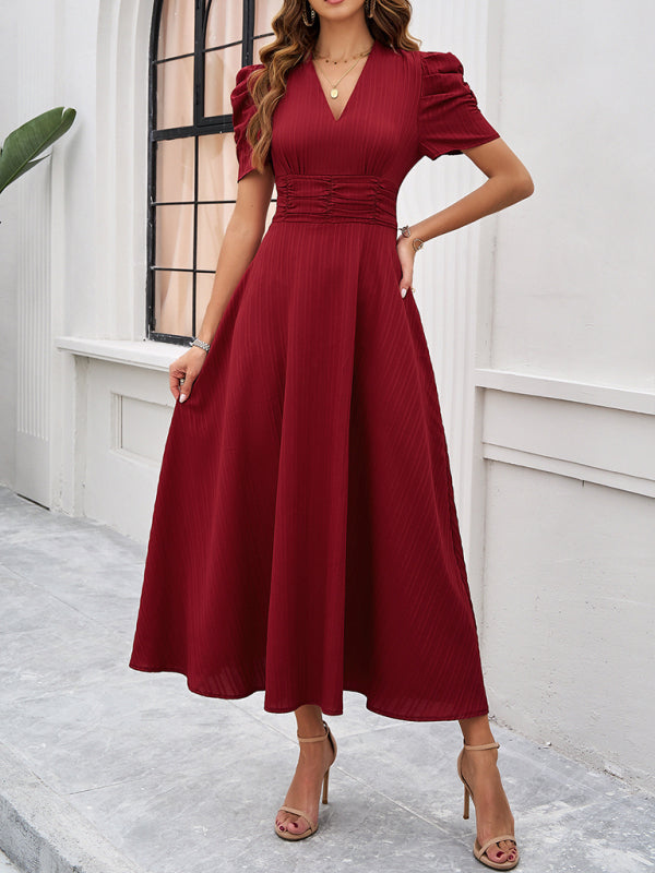 Cecily - V-Neck Midi Dress with Puff Sleeves and Ruched Waist - Brighter Fashion