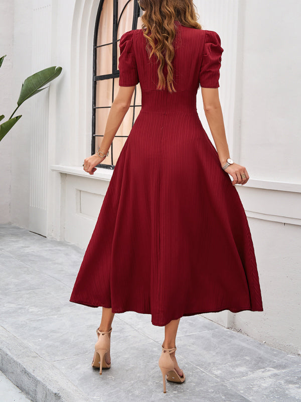Cecily - V-Neck Midi Dress with Puff Sleeves and Ruched Waist - Brighter Fashion