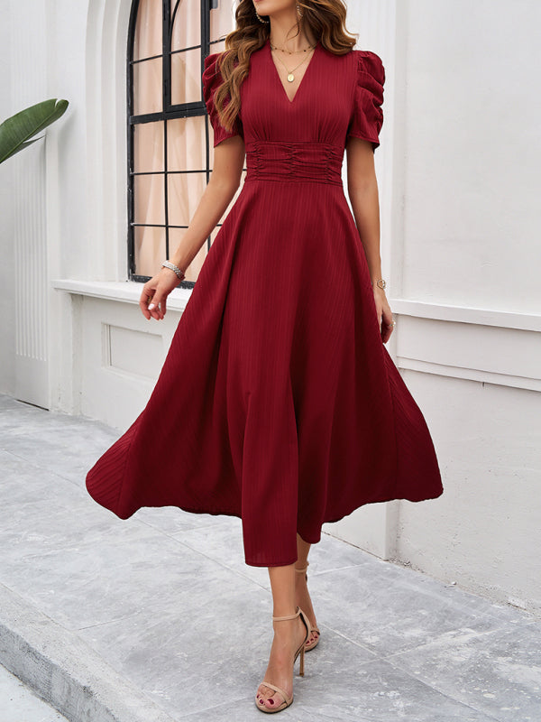 Cecily - V-Neck Midi Dress with Puff Sleeves and Ruched Waist - Brighter Fashion