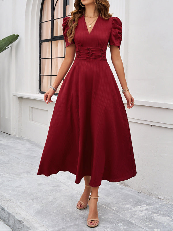 Cecily - V-Neck Midi Dress with Puff Sleeves and Ruched Waist - Brighter Fashion
