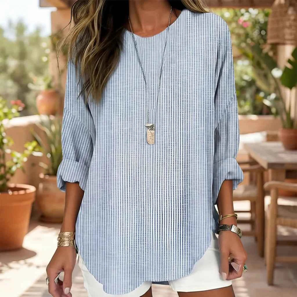 Women’s Striped Long Sleeve Blouse with Rounded Hem