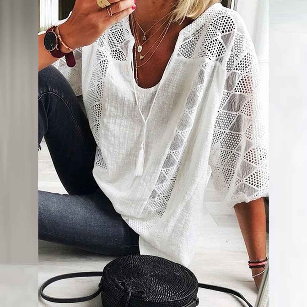 Harper | Breezy Relaxed Charm Cotton Blouse with Crochet Detailing