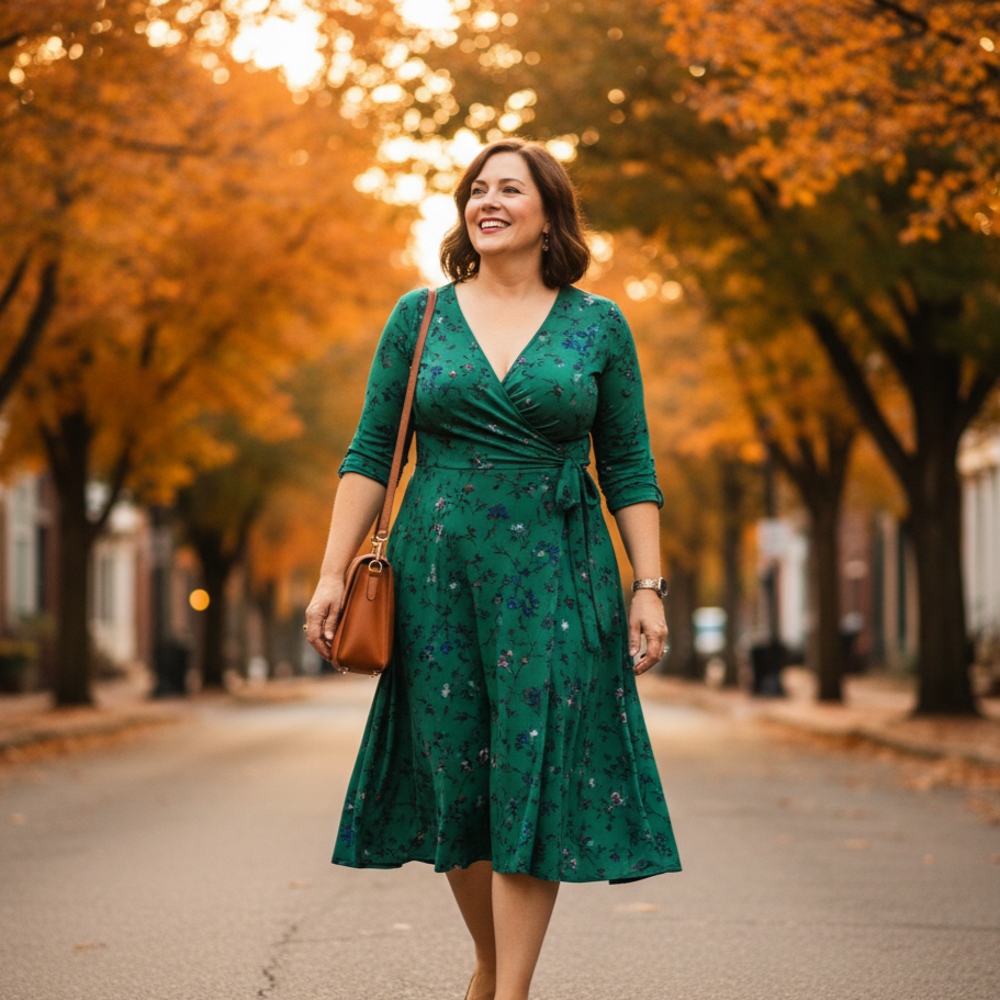 Woman in a green dress standing on a street lined with trees with autumn foliage.