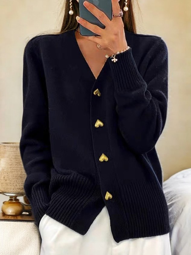 Carol | Elegant V-Neck Knit Cardigan With Unique Gold Heart Buttons