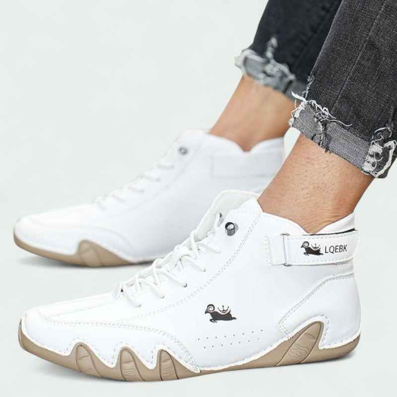 Gloria | Women's White Vegan Leather High Top Sneakers with Ankle Strap and Durable Sole