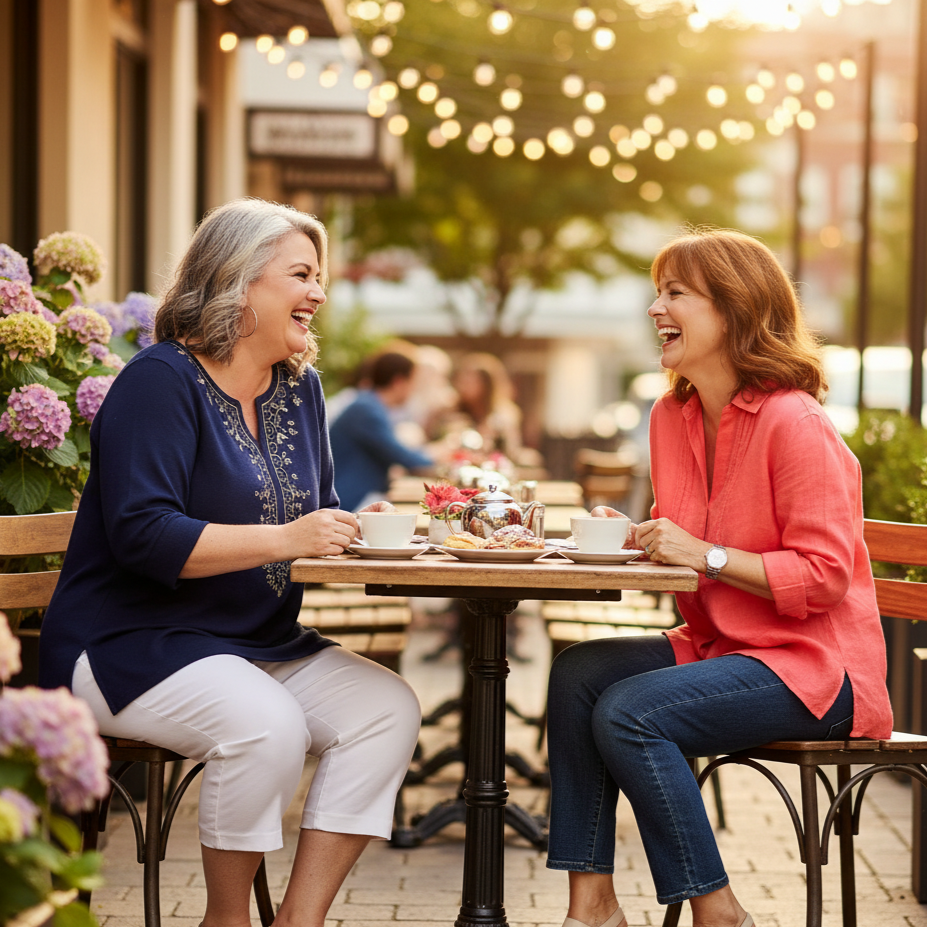 Two women sitting at an outdoor table laughing together in a garden setting.