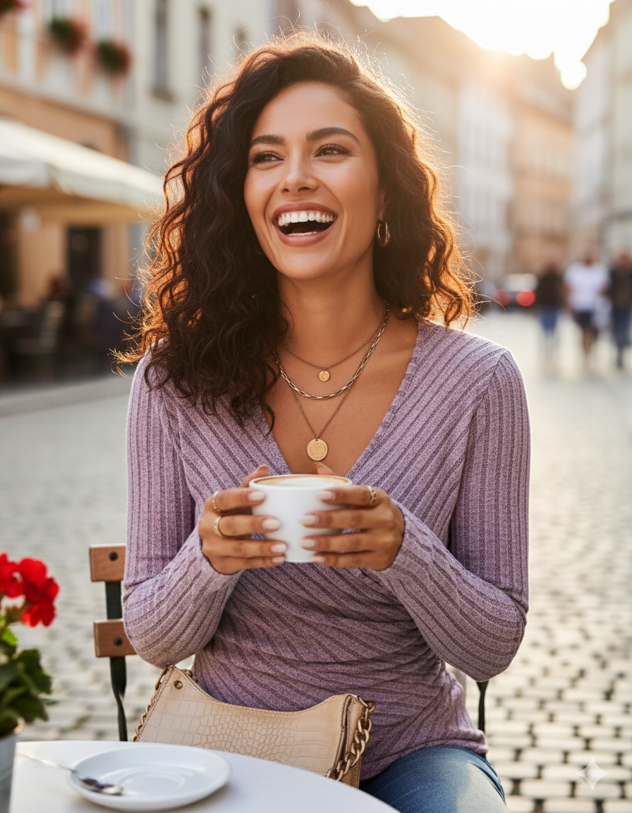 Woman in a purple sweater holding a cup outdoors with a blurred background